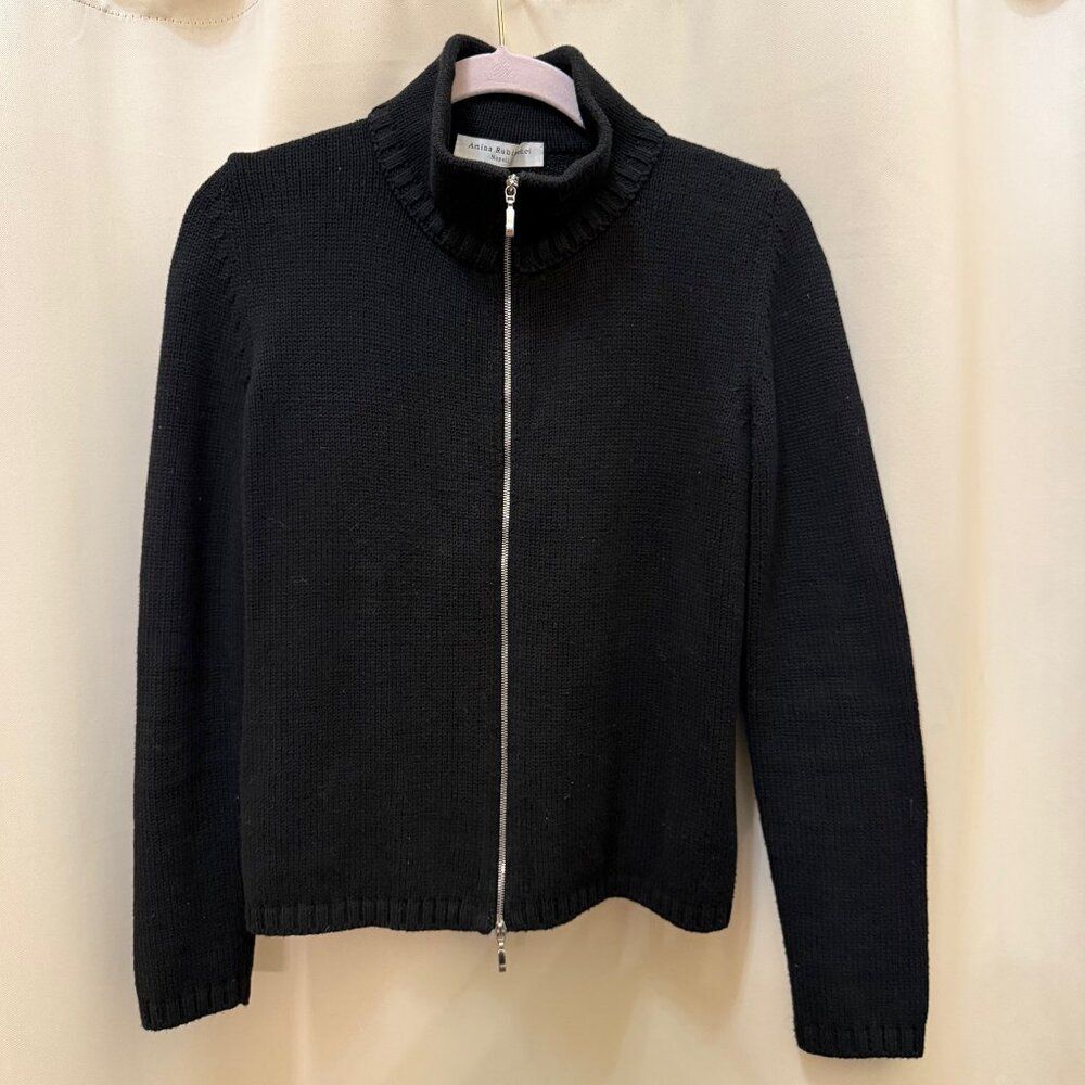 Amina Rubinacci Italy Black Knit Zip Jacket Cardigan Quiet Luxury Minimalist 42